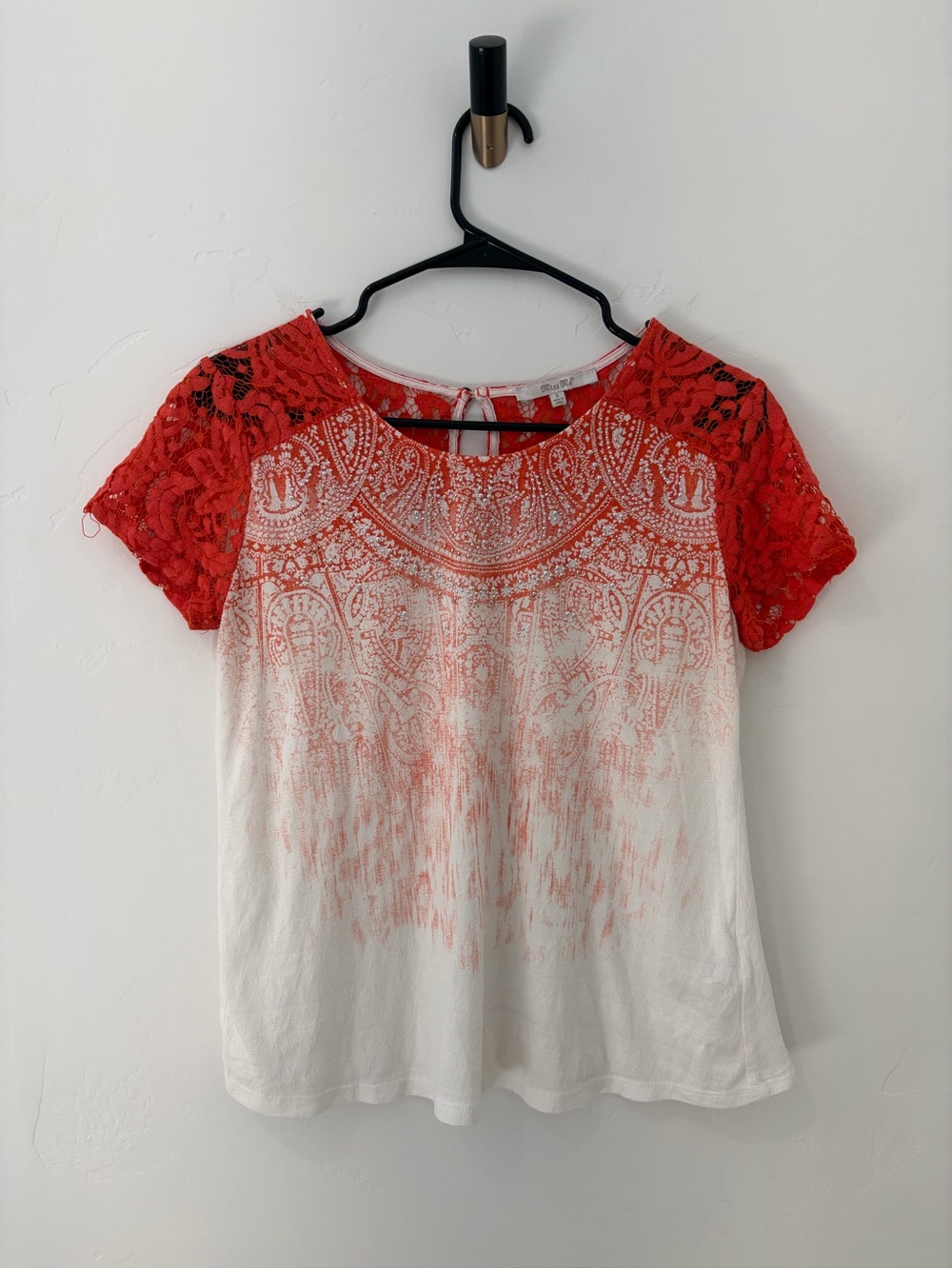 Miss Me Lace Top Small Ivory Coral Boho Rhinestone Embellished Blouse